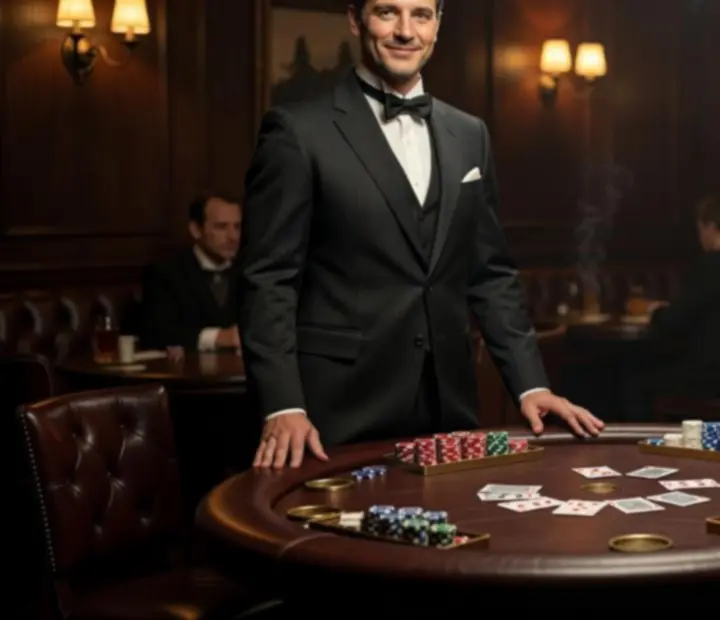 Sharp-dressed card room hosts and dealer preparing a leather poker table in the hidden lounge