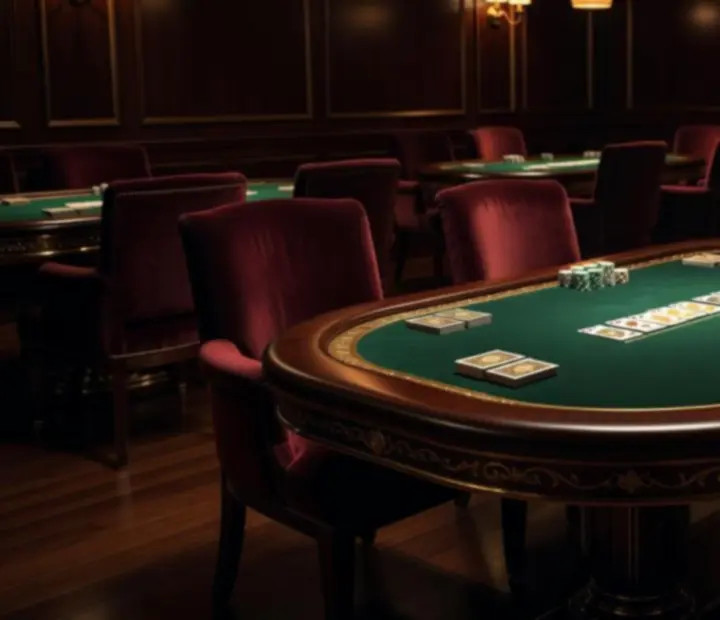 Low-lit poker lounge featuring leather poker tables and felt surfaces at Knave & Kitchen.