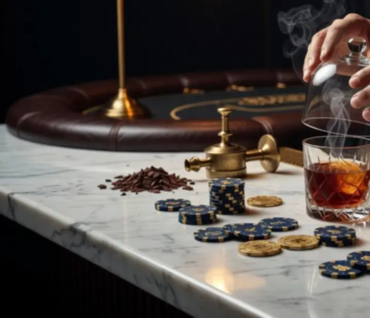 Bartender preparing a crafted cocktail with smoke among leather booths and poker tables
