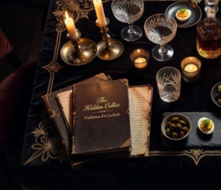 Dark speakeasy menu flatlay with cocktails, plates, and a shadowed poker table edge
