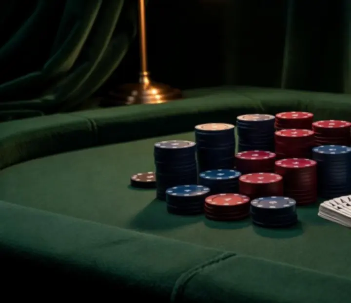 Felt poker table with neatly stacked token chip sets at Knave & Kitchen's offline poker lounge.