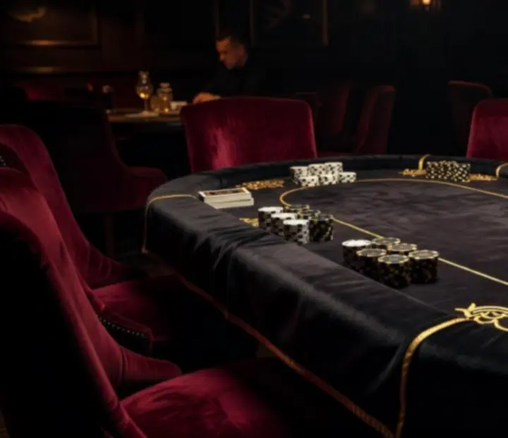 Custom felt poker table at Knave & Kitchen with leather rail, token chip sets and warm pendant lighting