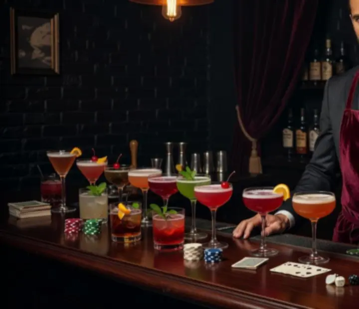 Portrait of the head mixologist of Knave & Kitchen in a dark speakeasy setting
