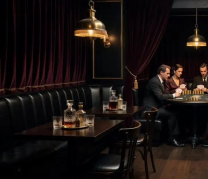 Mood-lit speakeasy dining chamber with cocktails and a hidden poker table at Knave & Kitchen.