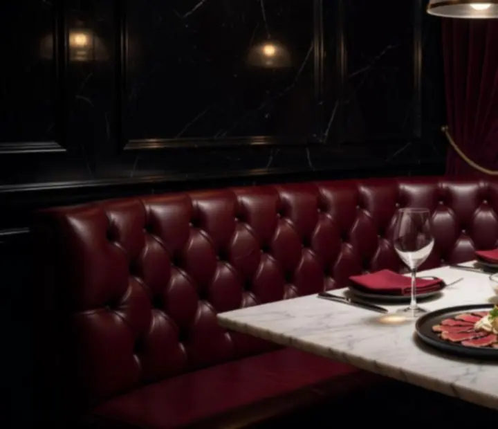 Intimate dining table in shadow with fine plates and a subtle glimpse of a poker table nearby
