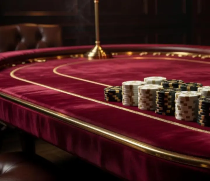 Detail of a luxury leather poker table with green felt and gold metallic trim under warm lighting