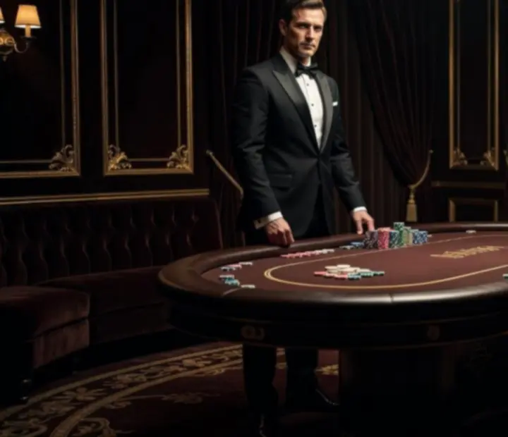 Tuxedo-clad dealers standing beside a felt poker table in the Knave & Kitchen lounge