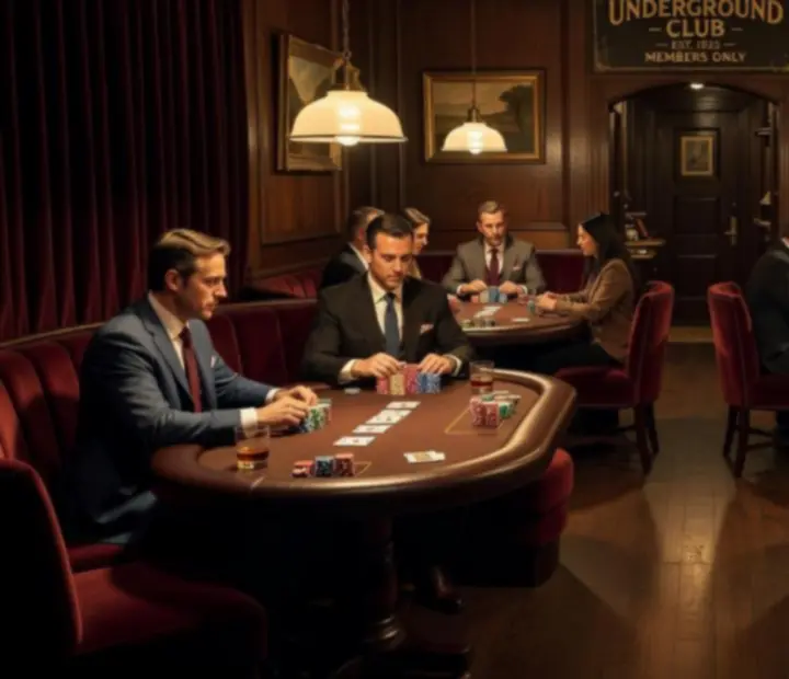 View across a hidden offline poker lounge with leather tables, felt surfaces and ambient lighting