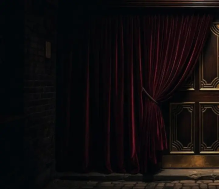 A shadowed speakeasy door leading to a hidden offline poker card room behind Knave & Kitchen.