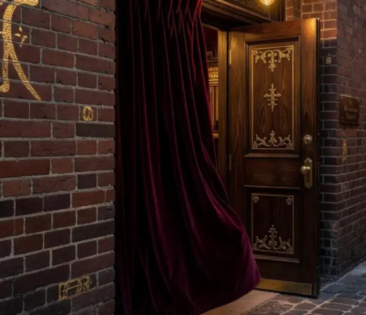 Discreet evening entrance to a candlelit Brisbane speakeasy with velvet-draped interior