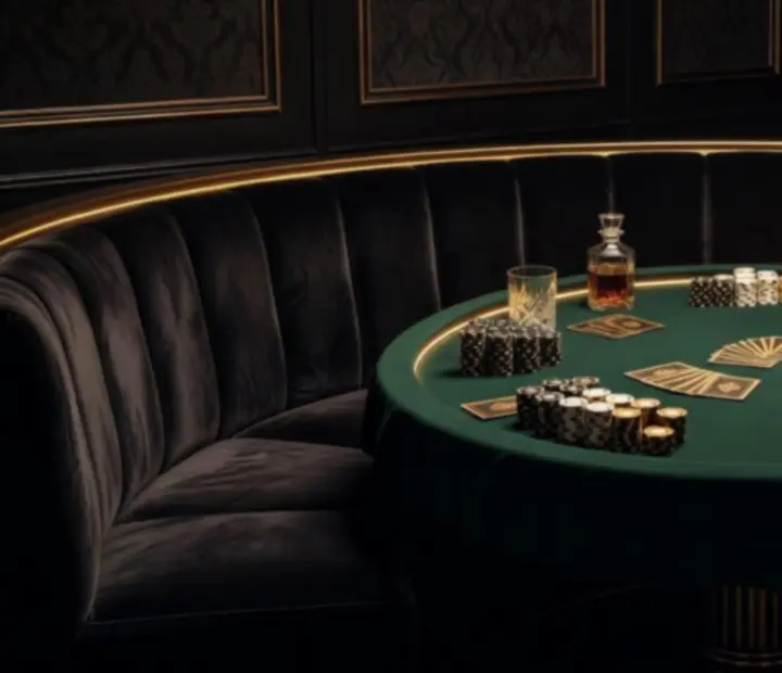 Velvet booth beside a leather poker table with soft lighting and chip stacks
